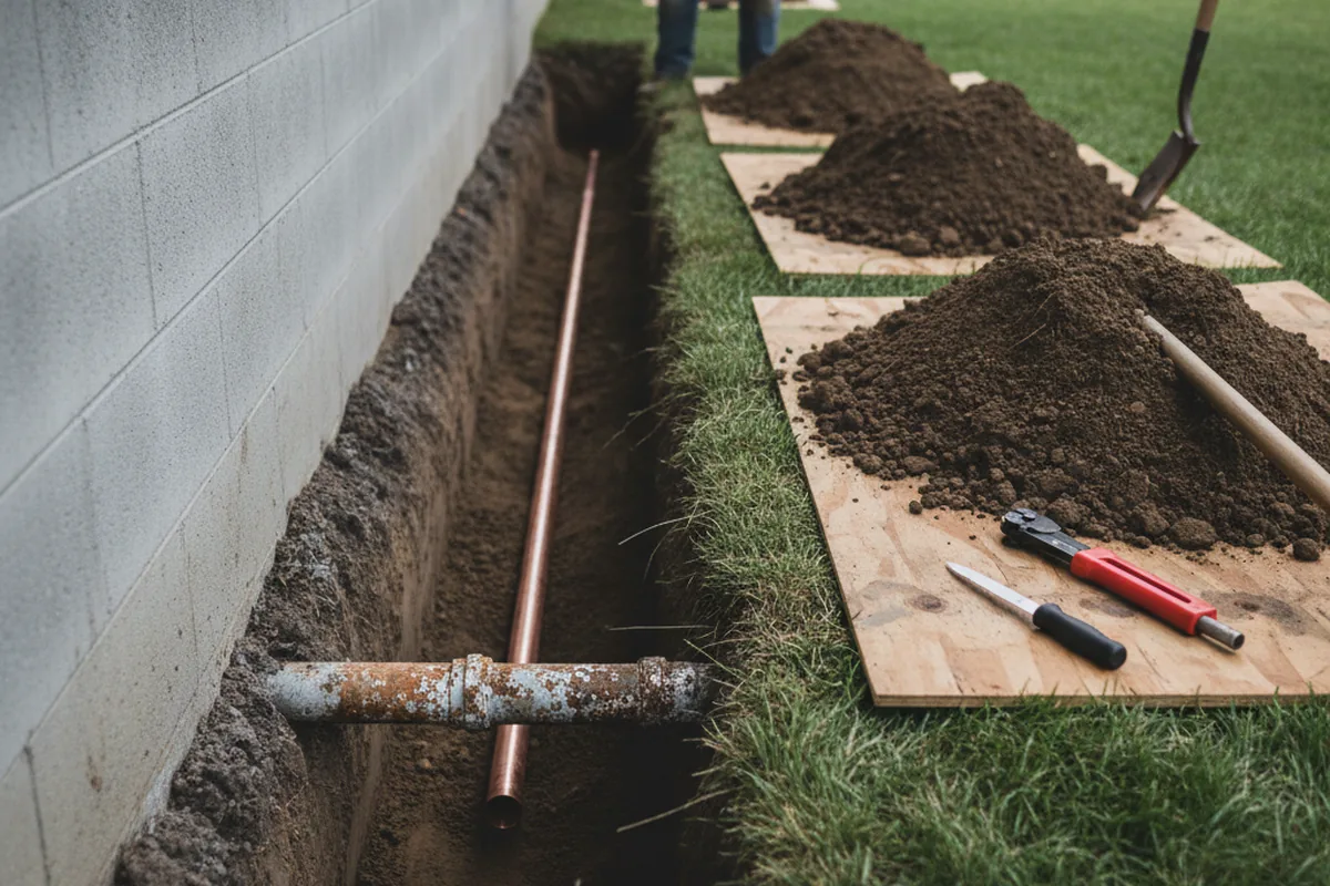 Excavated water line trench during Sewer Line Repair in Waltham